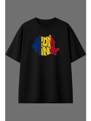 Vsrn Bayrak Romanıa 21 Tasarım Ön Baskılı Siyah Oversize T Shirt