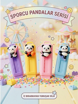 ÖZ OFİS Sporcu Pandalar Serisi Sevimli Pastel Renk Sürgülü Silgi - Yumuşak & Iz Bırakmaz - Tekli