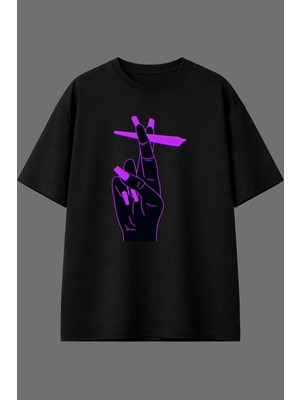 Vsrn Elde Smokeee Tasarım Ön Baskılı Siyah Oversize T Shirt