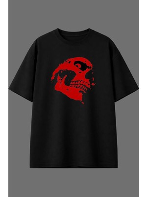 Vsrn Korkunç Iskelet Tasarım Ön Baskılı Siyah Oversize T Shirt