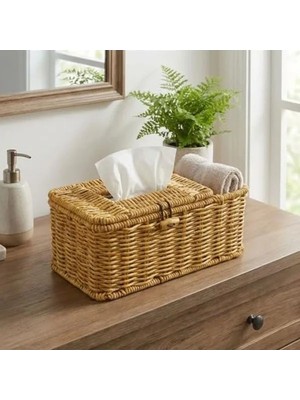 Die Grup Kapaklı Doğal Rattan Görünümlü Hasır Organizer Sepet, 24X10X10 cm