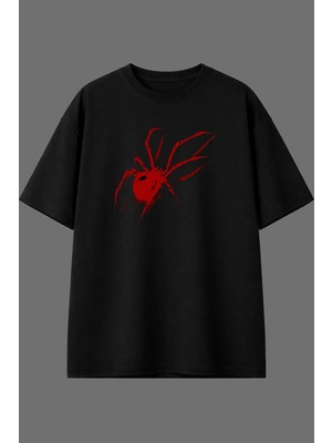 Vsrn Kırmızı Örümcek Tasarım Ön Baskılı Siyah Oversize T Shirt