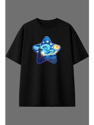 Vsrn Yıldız Resim Tasarım Ön Baskılı Siyah Oversize T Shirt