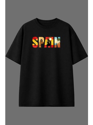 Vsrn Spaın Tasarım Ön Baskılı Siyah Oversize T Shirt