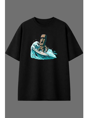 Vsrn Surfçü Heykel Tasarım Ön Baskılı Siyah Oversize T Shirt