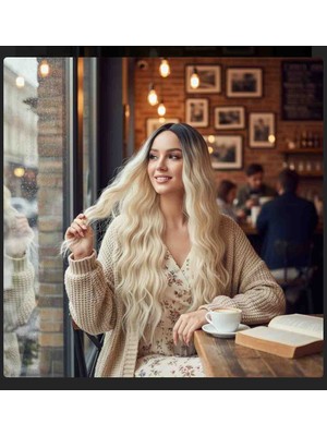 Handmade Kahve Platin Ombreli Uzun Su Dalgalı Fiber Sentetik Peruk