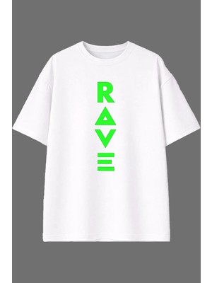 Vsrn Rave Rave Tasarım Ön Baskılı Beyaz Oversize T Shirt
