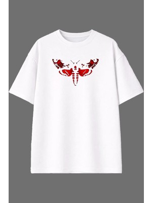 Vsrn Kırmızı Kelebek Tasarım Ön Baskılı Beyaz Oversize T Shirt