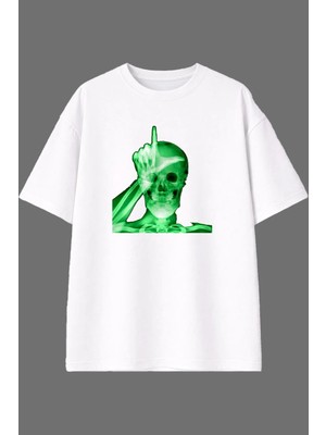 Vsrn Yeşil Garip Iskelet Tasarım Ön Baskılı Beyaz Oversize T Shirt