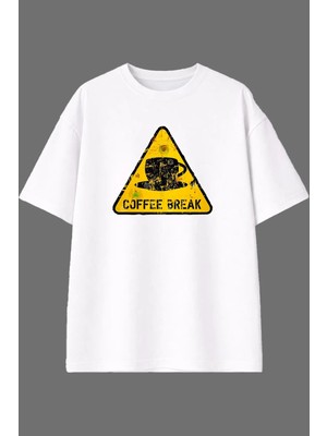 Vsrn Coffee Break Tasarım Ön Baskılı Beyaz Oversize T Shirt