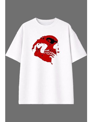 Vsrn Korkunç Iskelet Tasarım Ön Baskılı Beyaz Oversize T Shirt