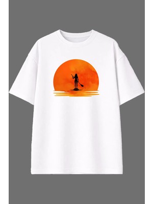 Vsrn Paddle Board Tasarım Ön Baskılı Beyaz Oversize T Shirt