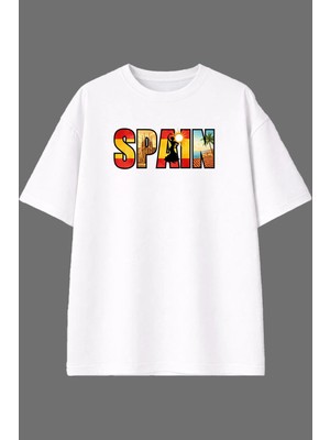 Vsrn Spaın Tasarım Ön Baskılı Beyaz Oversize T Shirt