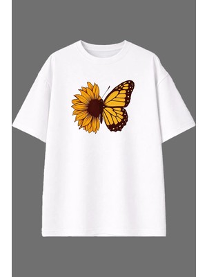 Vsrn Papatya Kelebek Tasarım Ön Baskılı Beyaz Oversize T Shirt