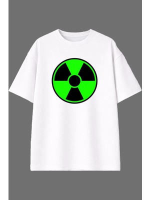Vsrn Yeşil Radyasyon Tasarım Ön Baskılı Beyaz Oversize T Shirt