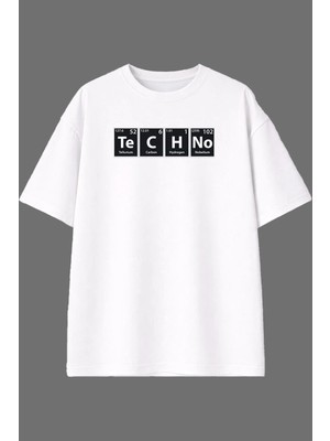 Vsrn Dna Techno Tasarım Ön Baskılı Beyaz Oversize T Shirt