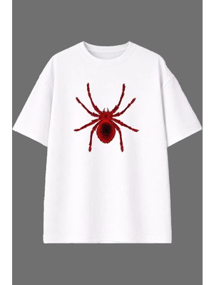 Vsrn Kırmızı Parıldar Örümcek Tasarım Ön Baskılı Beyaz Oversize T Shirt