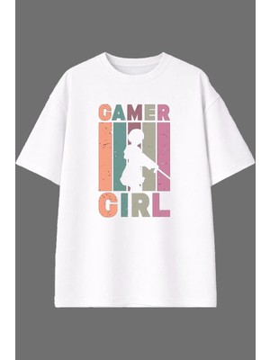 Vsrn Gamer Gırl Tasarım Ön Baskılı Beyaz Oversize T Shirt