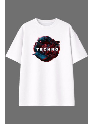 Vsrn Gül Techno Tasarım Ön Baskılı Beyaz Oversize T Shirt
