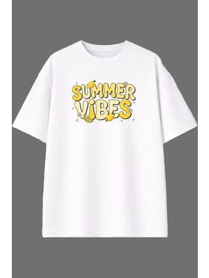 Vsrn Summer Vıbes Tasarım Ön Baskılı Beyaz Oversize T Shirt