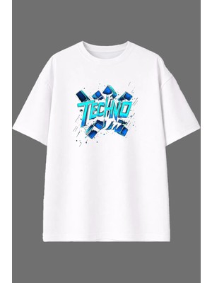 Vsrn Techno Mavi Tasarım Ön Baskılı Beyaz Oversize T Shirt