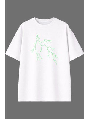 Vsrn Yeşil Şimşek Tasarım Ön Baskılı Beyaz Oversize T Shirt