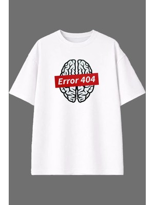 Vsrn Error 404 Tasarım Ön Baskılı Beyaz Oversize T Shirt