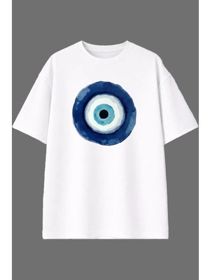 Vsrn Nazar Boncuğu Tasarım Ön Baskılı Beyaz Oversize T Shirt