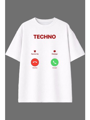 Vsrn Techno Is Callingg Tasarım Ön Baskılı Beyaz Oversize T Shirt