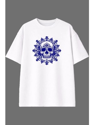 Vsrn Desenli Mavi Iskelet Tasarım Ön Baskılı Beyaz Oversize T Shirt