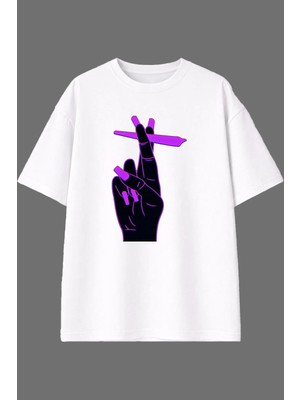 Vsrn Elde Smokeee Tasarım Ön Baskılı Beyaz Oversize T Shirt