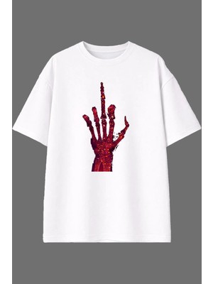 Vsrn Kırmızı Orta Parmak Tasarım Ön Baskılı Beyaz Oversize T Shirt