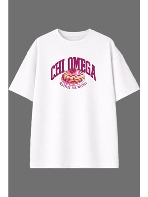 Vsrn Omega Waffles Tasarım Ön Baskılı Beyaz Oversize T Shirt