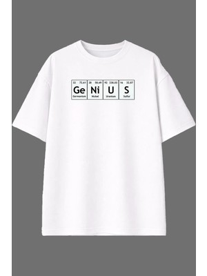 Vsrn Genius Tasarım Ön Baskılı Beyaz Oversize T Shirt