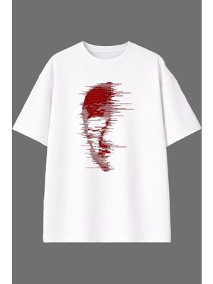 Vsrn Kırmızı Iskelet Surat Tasarım Ön Baskılı Beyaz Oversize T Shirt