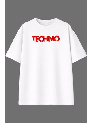 Vsrn Kırmızı Techno Tasarım Ön Baskılı Beyaz Oversize T Shirt