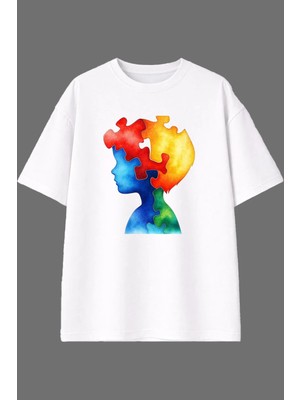 Vsrn Yapboz Çocuk Tasarım Ön Baskılı Beyaz Oversize T Shirt