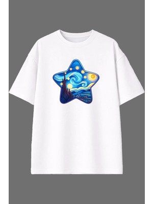 Vsrn Yıldız Resim Tasarım Ön Baskılı Beyaz Oversize T Shirt