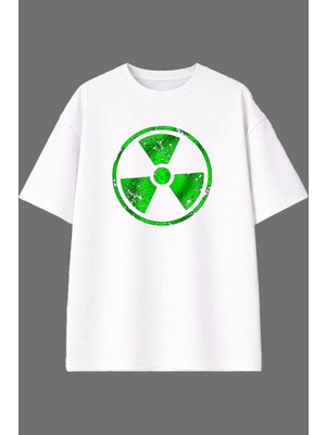Vsrn Parçalı Yeşil Radyasyon Tasarım Ön Baskılı Beyaz Oversize T Shirt