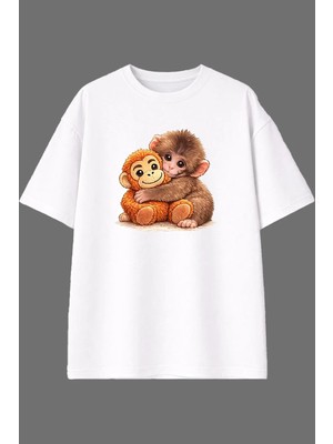 Vsrn Yalnız Maymun Tasarım Ön Baskılı Beyaz Oversize T Shirt