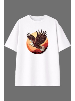 Vsrn Süzülen Kuş Tasarım Ön Baskılı Beyaz Oversize T Shirt