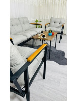 Sofmina  Begonvil Balkon, Bahçe - Metal Kanepe Koltuk Takımı 3+1+1 + Sehpa Açık Gri