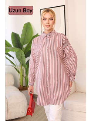 Deq Fashion Kadın Bordo Beyaz Çizgili Oversize Uzun Tunik Gömlek Tesettür Uyumlu Rahat Kalıp Salaş Gömlek