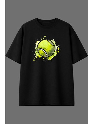 Vsrn Tenis Topu Tasarım Ön Baskılı Siyah Oversize T Shirt