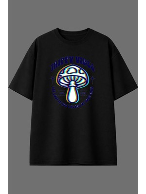 Vsrn Trıp Vıbe Tasarım Ön Baskılı Siyah Oversize T Shirt