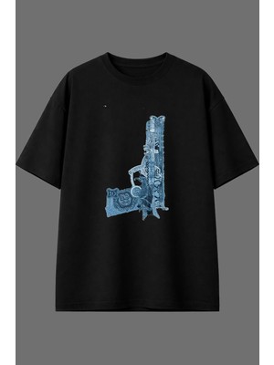 Vsrn Mavi Pistol Tasarım Ön Baskılı Siyah Oversize T Shirt