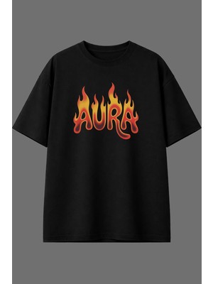 Vsrn Aura Alevli Tasarım Ön Baskılı Siyah Oversize T Shirt