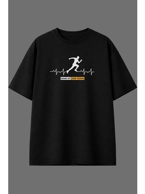 Vsrn Keep Go Tasarım Ön Baskılı Siyah Oversize T Shirt