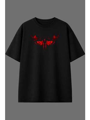 Vsrn Kırmızı Kelebek Tasarım Ön Baskılı Siyah Oversize T Shirt