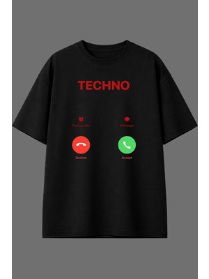 Vsrn Techno Is Callingg Tasarım Ön Baskılı Siyah Oversize T Shirt